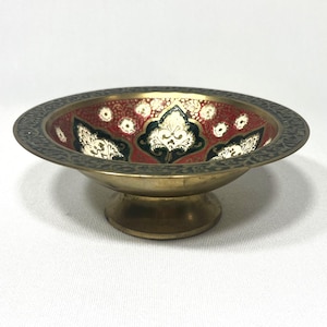 Vintage Brass Small Enameled Hand painted Pedestal Bowl