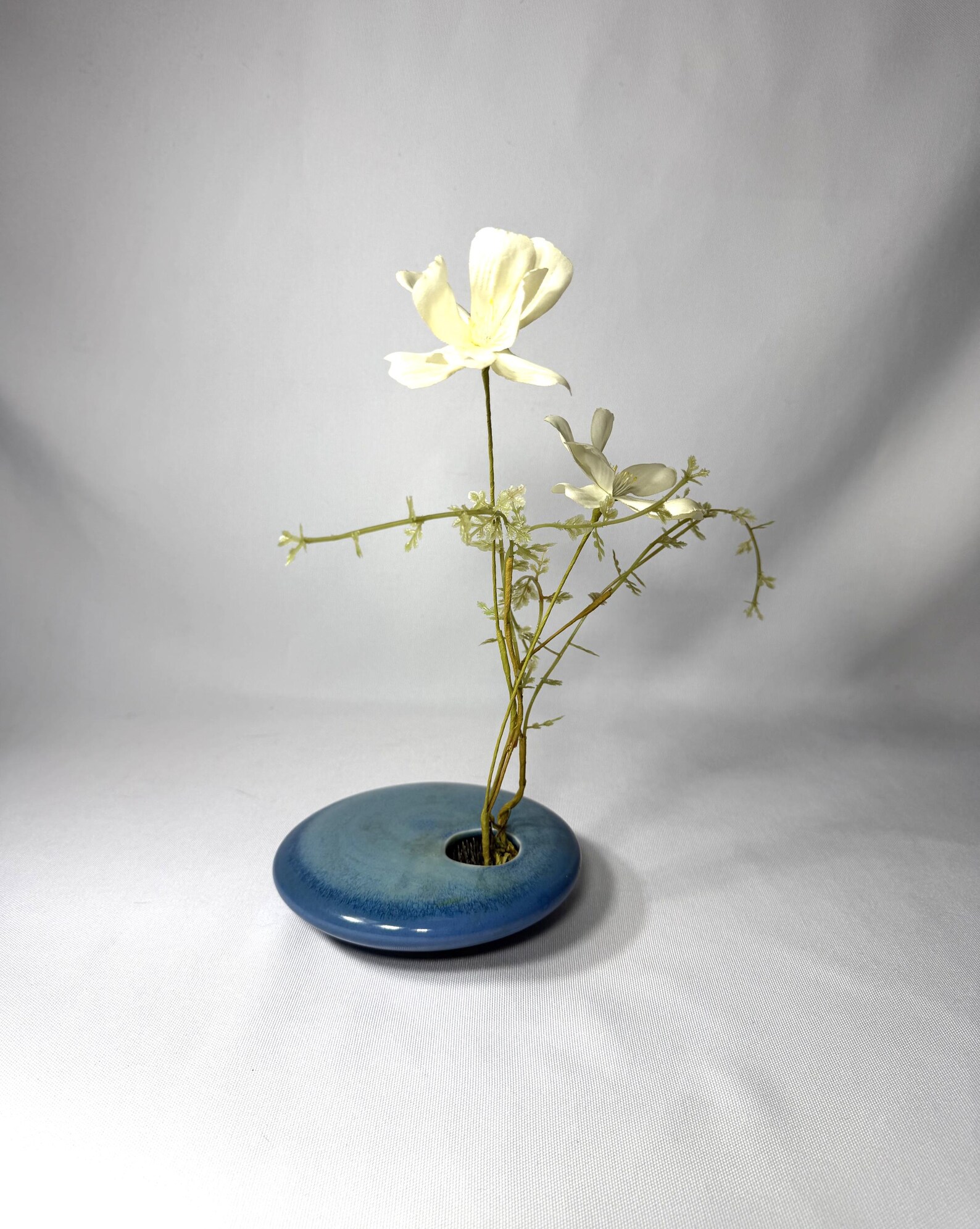 Blue Ikebana Vase - Minimalist Ceramic Flower Frog Vase