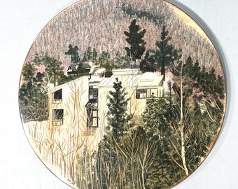 Unique Hand Painted Mountain Scene on Wood Platter