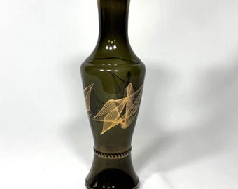 Vintage Mid Century Smoked Glass Vase with Gold Atomic Designs