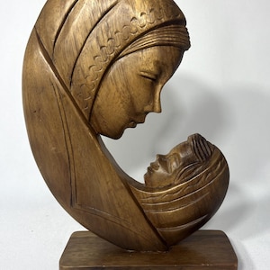 Vintage Hand-Carved Wood Madonna and Child Sculpture - Mid Century Religious Art