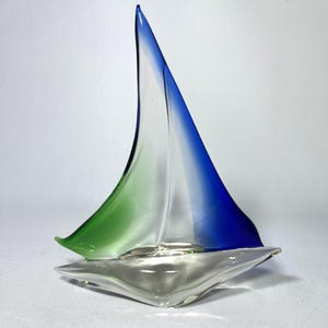 Vintage Art Glass Sailboat Sculpture - Blue, Green & Clear - Nautical Decor