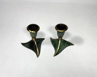 Vintage Brass & Verdigris Candle Holder - MCM Green Enamel Candlestick Holder Set