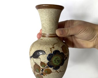 Signed Mexican Pottery Vase with Bird and Flowers