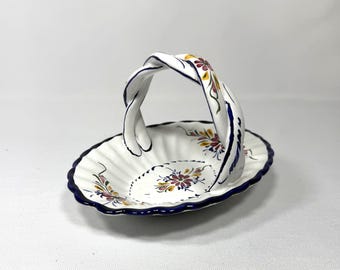 Hand Painted in Portugal Ceramic Basket Bowl - Scalloped Edge with Handle - Folk Art Dish