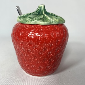 Vintage Ceramic Strawberry Jam Jar with Lid and Spoon - Made in Italy