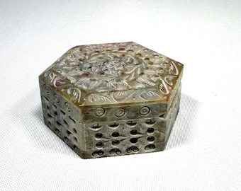 Vintage Carved Stone Hexagon Trinket Box