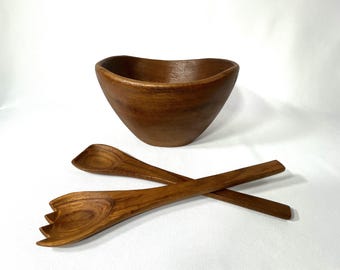 Teak Wood Salad Serving Bowl with Servers