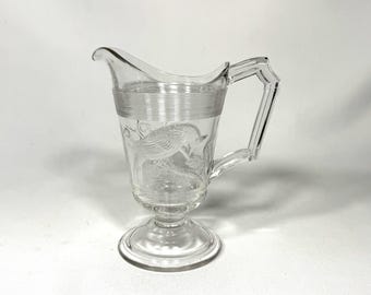 Vintage Flint Glass Cardinal Bird Creamer - Bird and Floral Pattern Pitcher