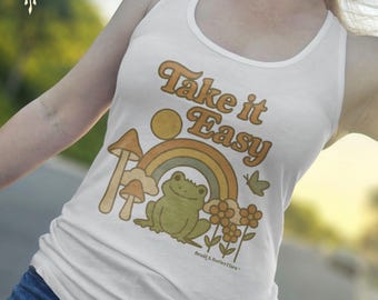 Retro 70s Rainbow Frog Tank Top, Bohemian Racerback