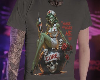 Zombie Nurse Pinup T-Shirt, Retro Horror Graphic, Soft Cotton Unisex