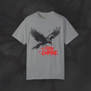 Gothic Crow Graphic Tee, Metal Winged Design, Garment Dyed Comfort Colors Granite