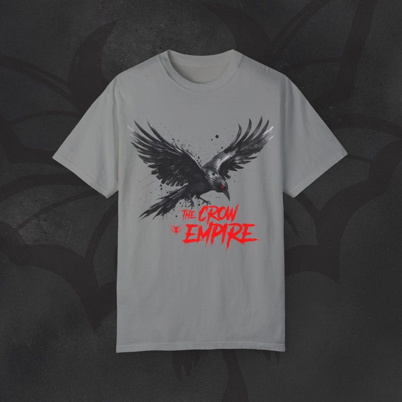 Gothic Crow Graphic Tee, Metal Winged Design, Garment Dyed Comfort Colors Granite