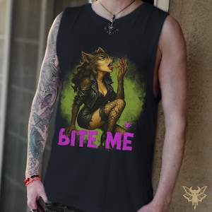 May include: Black sleeveless shirt featuring a werewolf woman illustration with the text "BITE ME" in pink. The artwork depicts a woman with wolf features, wearing a black jacket and fishnet stockings, set against a green backdrop.
