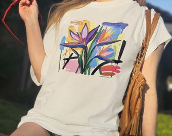 Birds Of Paradise Art T-Shirt, Tropical Floral Print, Comfort Colors Cotton