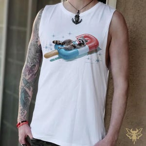 Funny Racoon Tank Top, Mens Summer Tank, Pool Party Outfit, Bold Dark Design, Festival Wear, Fourth Of July Gift Tee
