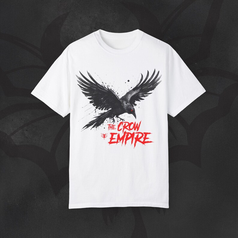 Gothic Crow Graphic Tee, Metal Winged Design, Garment Dyed Comfort Colors White