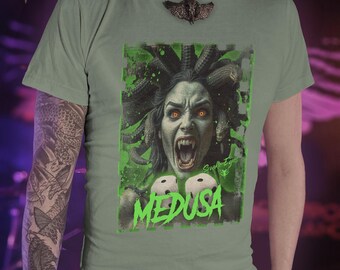 Retro Medusa Graphic Tee, Gothic Monster Design, Edgy Rock Shirt