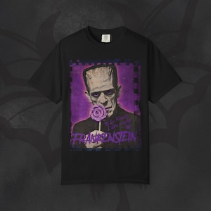 Retro Frankenstein T-Shirt, Funny Horror Movie Tee, Garment-Dyed Cotton Black