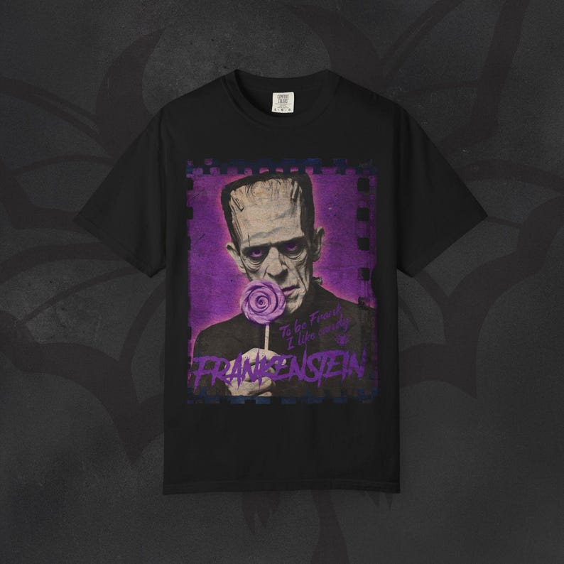 Retro Frankenstein T-Shirt, Funny Horror Movie Tee, Garment-Dyed Cotton Black