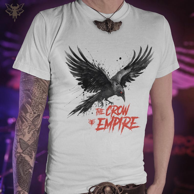 Gothic Crow Graphic Tee, Metal Winged Design, Garment Dyed Comfort Colors image 1