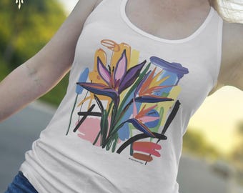 Birds Of Paradise Racerback Tank, Artsy Floral Print, Yoga Wear
