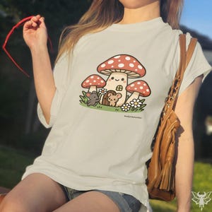 Happy Toadstool Tee, Kawaii Mushroom Mice Design, Cottagecore Shirt