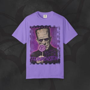 Retro Frankenstein T-Shirt, Funny Horror Movie Tee, Garment-Dyed Cotton Violet