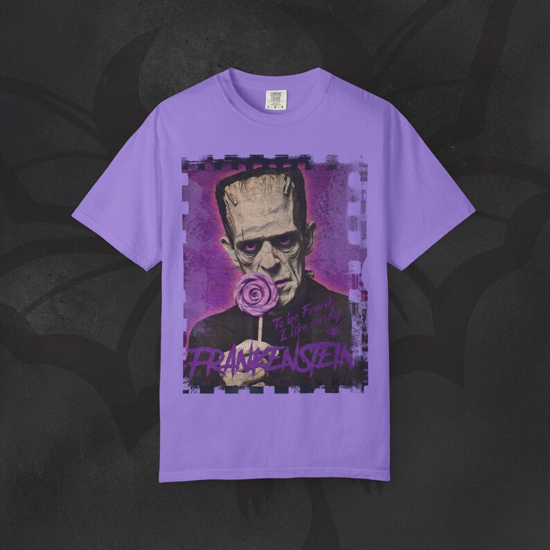 Retro Frankenstein T-Shirt, Funny Horror Movie Tee, Garment-Dyed Cotton Violet