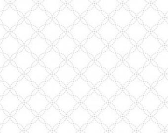 May include: A white fabric featuring a repeating geometric pattern of light gray stitched lines. The design consists of interconnected circles forming a diamond grid structure across the entire surface, creating a subtle and uniform texture.