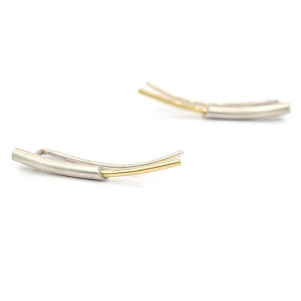 Mixed Metal Solid Gold and Silver Sweeper Earrings | Unisex Chic Crawler Earrings | Geometric Thin Line Threader | Modern Ear Pin Climber