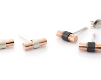 Unisex Minimalist Mixed Metal Stud Bar Earring, Sterling Silver Thick Earring, Solid Gold n Silver Post Earring, Modern Everyday Staple Stud