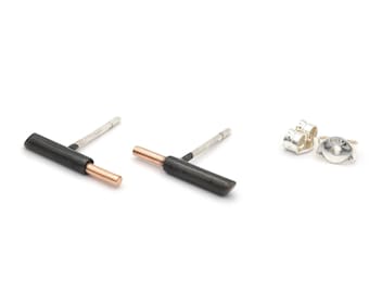 Edgy Rose Gold and Oxidized Silver Bar Earrings, Unisex Minimal Line Studs, Black Staple Post Earrings for Men and Women, Everyday Earrings