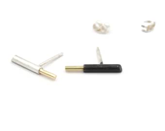 Modern Bar Earrings, Unique Gold and Silver Line Stud Earrings, Geometric Tube Posts, Unisex Mixed Metal Earrings, Edgy Staple Stud Earrings