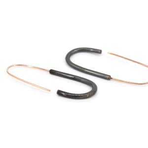 Rose Gold Oval Hoop Earring, Black and Solid Rose Gold Reversible Hoops, Minimalist Long Dangle Earrings, Unique Drop Threader Earrings
