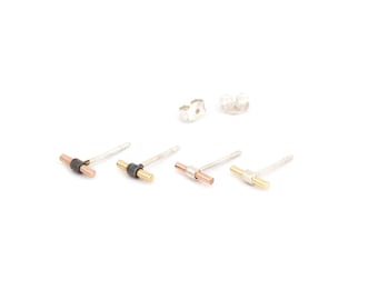 Contemporary Lightweight Sterling Silver Solid Gold Tiny Bar Stud Earrings Handcrafted Elegant Jewelry