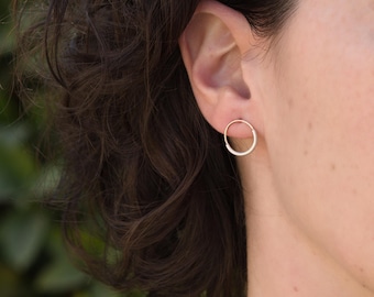 14K Gold and Silver Circle Stud Earrings, Unique Solid Gold Hoop Studs, Edgy Mixed Metal Gold Post Earrings, Open and Lightweight Studs