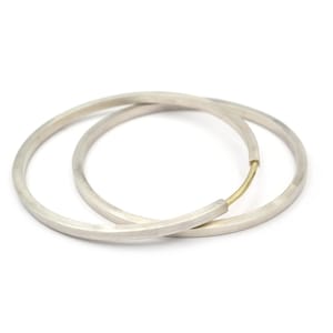 May include: Two silver hoop earrings with a brushed finish. One earring is connected with a small gold-colored bar. The earrings are circular and lie on a white background. Jewelry.