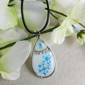 Teardrop Pendant Necklace: Blue & White Flowers, Braided Cord