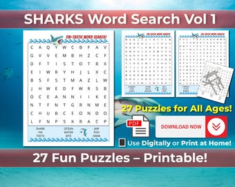 Shark Word Search | Printable Puzzle Book - Volume 1 | Digital Download PDF for Adults & Kids