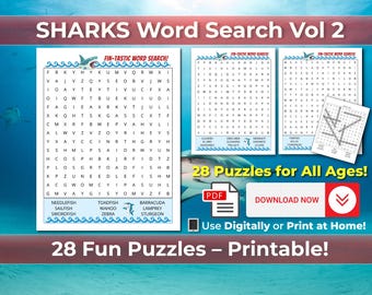 Shark Word Search Puzzle Book - Volume 2 | Printable Word Search PDF for Adults & Kids | Digital Download