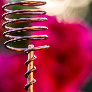 May include: A copper wire coil with a spiral design, against a blurred background of pink flowers.