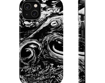 May include: Black and white phone case with a swirling abstract pattern.