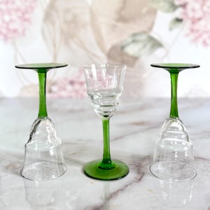 Trio of Green Uranium Stemmed depression glass cordial or aperitif glasses - beehive art deco style drinking glass - glowing green glass