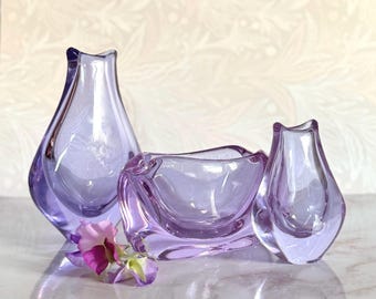 Trio van alexandriet / neodymium kleurverschuivende Tsjechische handgeblazen glazen vazen van Miroslav Klinger voor Zelezny Brod - MCM Purple Decor