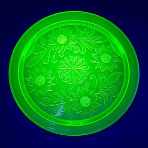 Può includere: Un piatto rotondo di vetro verde brillante con un motivo floreale. Il piatto presenta girasoli e foglie in rilievo, con un motivo centrale a forma di stella. Ha un bordo rialzato ed è posto su uno sfondo blu scuro.