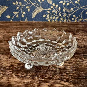 Vintage Mid Century “Whitehall Clear” by Colony Three (3) Footed 6” BonBon Small Serving Bowl / Trinket Dish / Cubist Pattern Glass