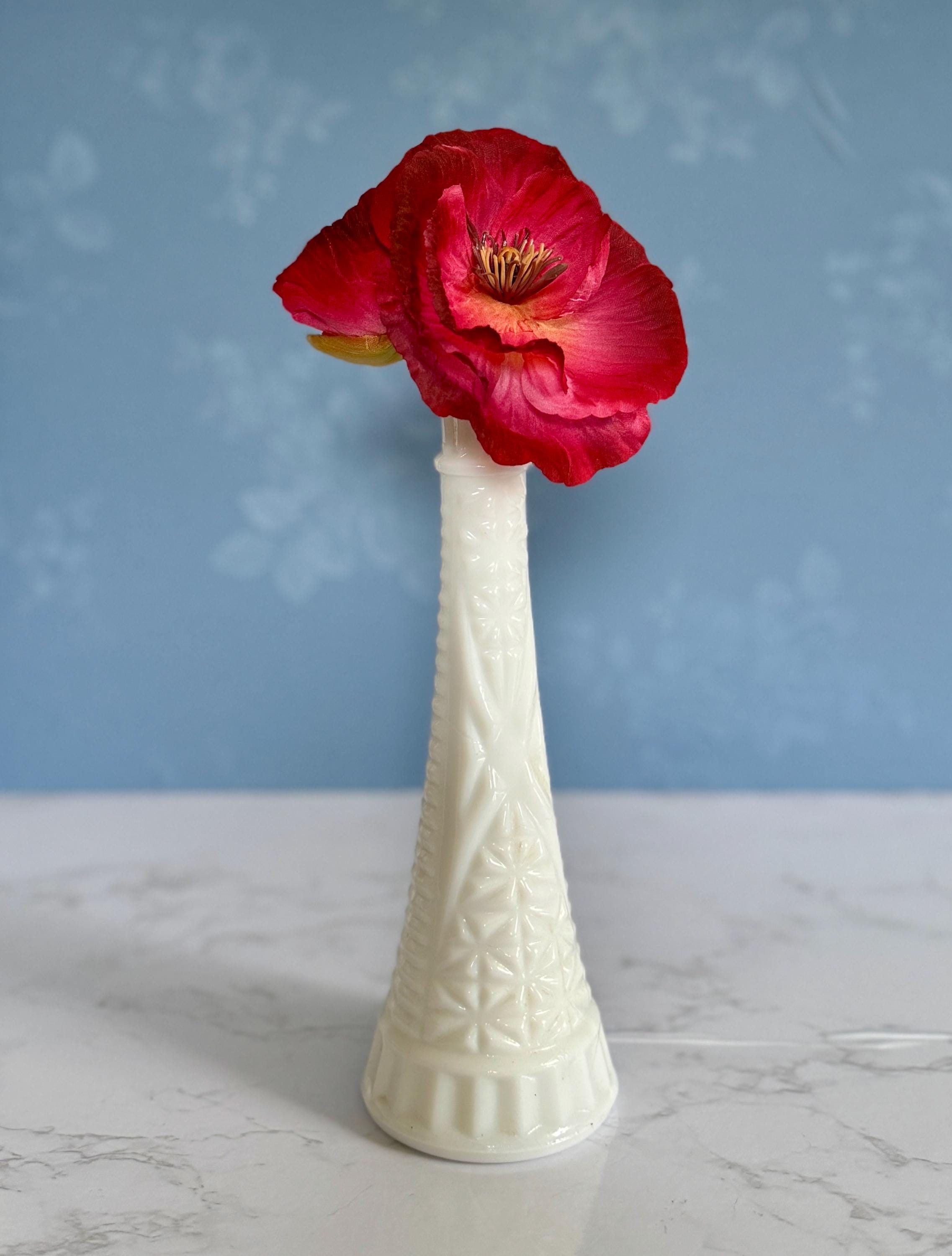 Stars and Bars Pattern Vintage Mid Century White Milk Glass Flower Bud Vase with Narrow Mouth
