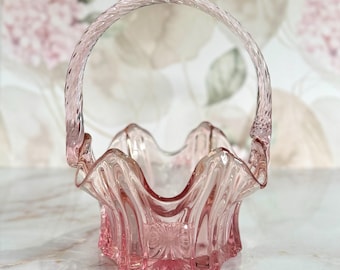 Fenton jaren 90 vintage vulcan roze gegolfde mand met gedraaid handvat en starburst centrale basis - perzik mangaan gloed!