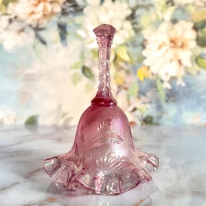 Vintage Fenton Carnival Art Glass Iridescent Empress Rose Pink / Lavender Floral Collectible Ruffled & Crimped Feminine Bell - Selenium Glow